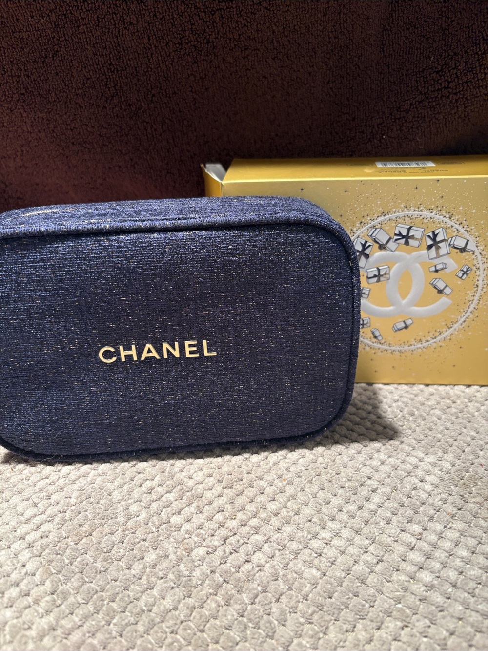 CHANEL Navy Glitter Travel Pouch with Gold Logo